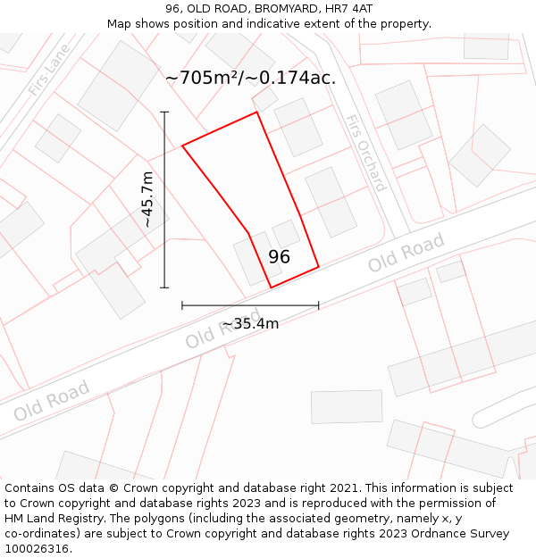 96, OLD ROAD, BROMYARD, HR7 4AT: Plot and title map