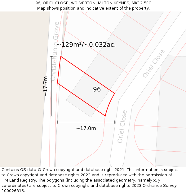 96, ORIEL CLOSE, WOLVERTON, MILTON KEYNES, MK12 5FG: Plot and title map