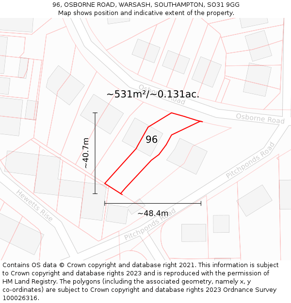96, OSBORNE ROAD, WARSASH, SOUTHAMPTON, SO31 9GG: Plot and title map