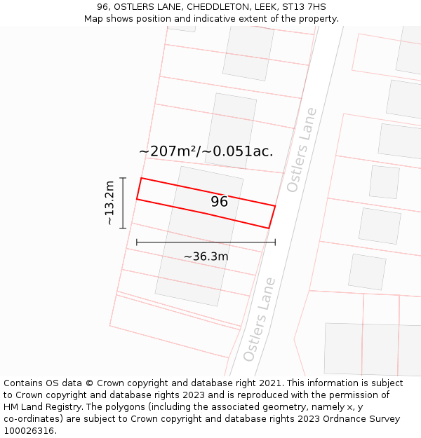 96, OSTLERS LANE, CHEDDLETON, LEEK, ST13 7HS: Plot and title map