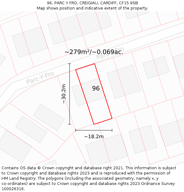 96, PARC Y FRO, CREIGIAU, CARDIFF, CF15 9SB: Plot and title map