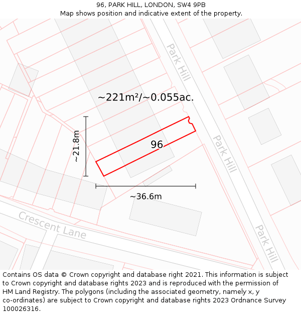96, PARK HILL, LONDON, SW4 9PB: Plot and title map