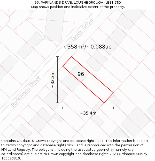 96, PARKLANDS DRIVE, LOUGHBOROUGH, LE11 2TD: Plot and title map