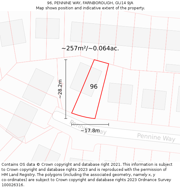 96, PENNINE WAY, FARNBOROUGH, GU14 9JA: Plot and title map