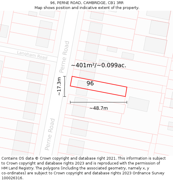 96, PERNE ROAD, CAMBRIDGE, CB1 3RR: Plot and title map