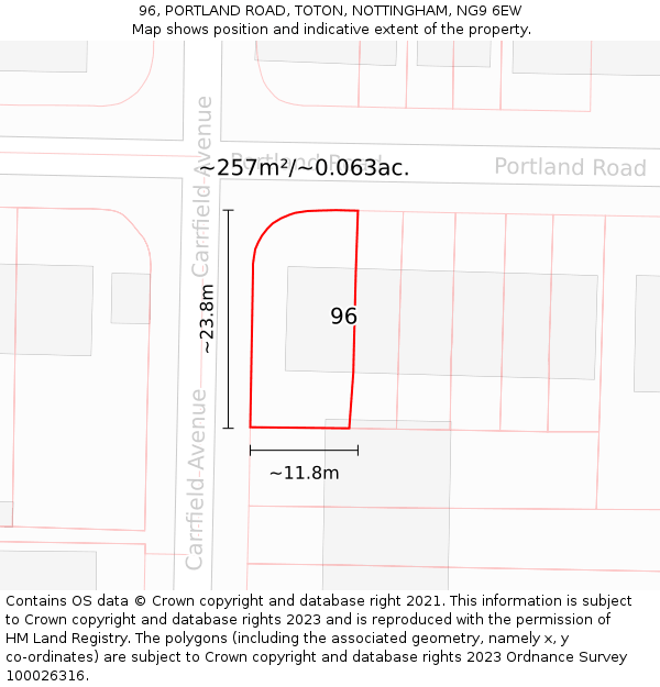 96, PORTLAND ROAD, TOTON, NOTTINGHAM, NG9 6EW: Plot and title map