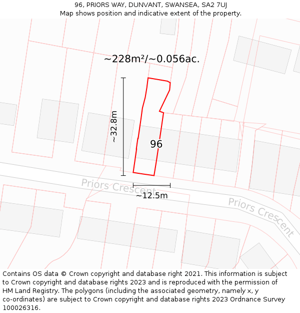 96, PRIORS WAY, DUNVANT, SWANSEA, SA2 7UJ: Plot and title map