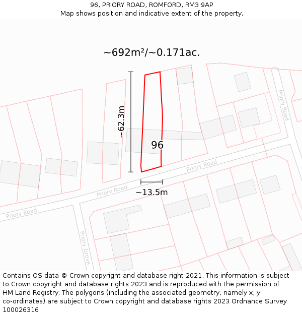 96, PRIORY ROAD, ROMFORD, RM3 9AP: Plot and title map