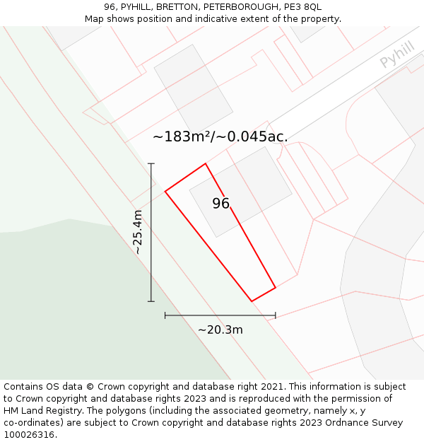 96, PYHILL, BRETTON, PETERBOROUGH, PE3 8QL: Plot and title map