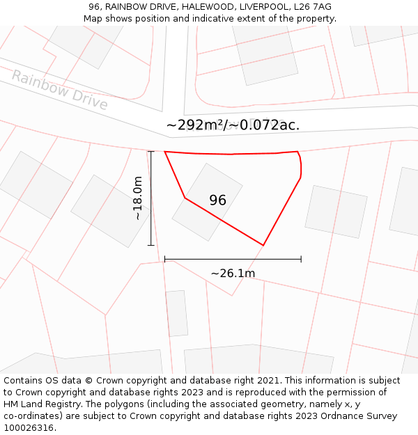 96, RAINBOW DRIVE, HALEWOOD, LIVERPOOL, L26 7AG: Plot and title map