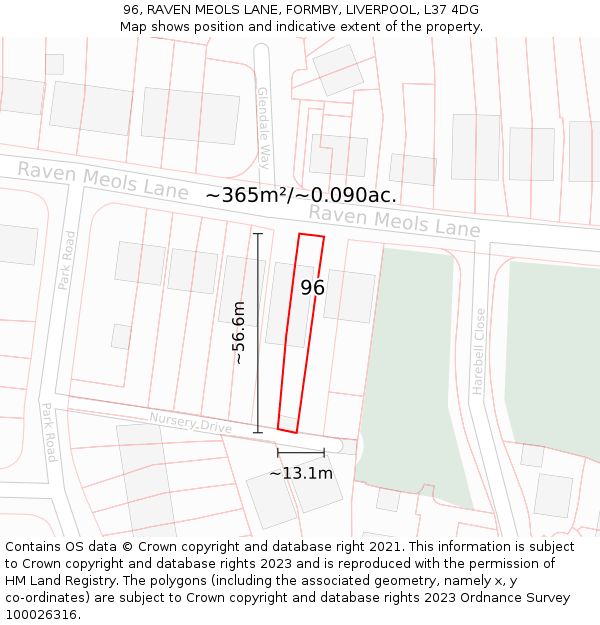 96, RAVEN MEOLS LANE, FORMBY, LIVERPOOL, L37 4DG: Plot and title map