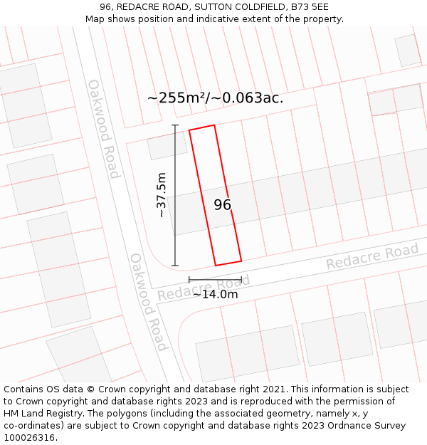96, REDACRE ROAD, SUTTON COLDFIELD, B73 5EE: Plot and title map