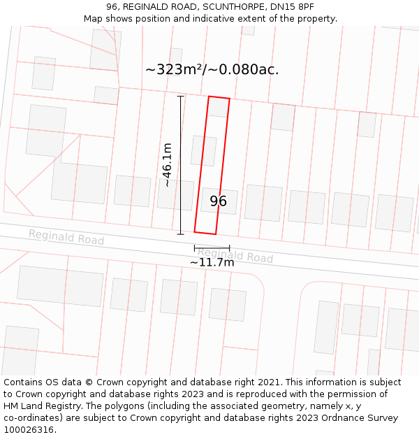 96, REGINALD ROAD, SCUNTHORPE, DN15 8PF: Plot and title map