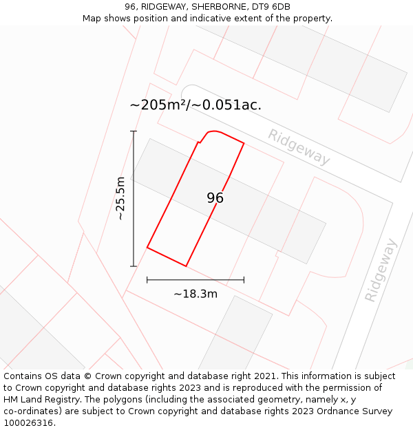 96, RIDGEWAY, SHERBORNE, DT9 6DB: Plot and title map