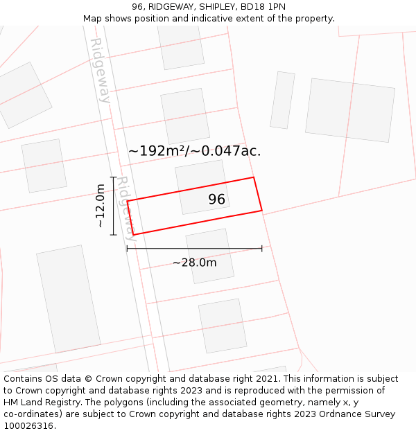 96, RIDGEWAY, SHIPLEY, BD18 1PN: Plot and title map