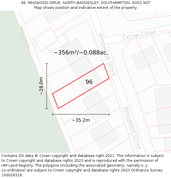 96, RINGWOOD DRIVE, NORTH BADDESLEY, SOUTHAMPTON, SO52 9GT: Plot and title map