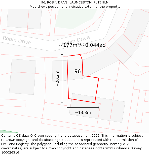 96, ROBIN DRIVE, LAUNCESTON, PL15 9LN: Plot and title map