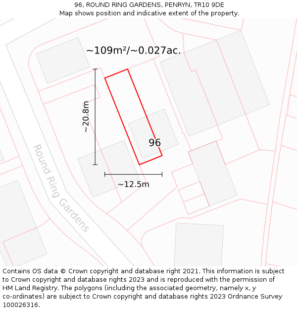 96, ROUND RING GARDENS, PENRYN, TR10 9DE: Plot and title map