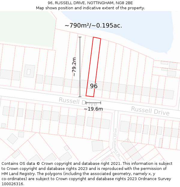 96, RUSSELL DRIVE, NOTTINGHAM, NG8 2BE: Plot and title map