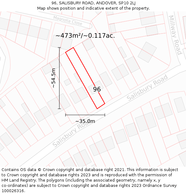 96, SALISBURY ROAD, ANDOVER, SP10 2LJ: Plot and title map