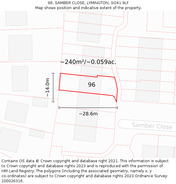 96, SAMBER CLOSE, LYMINGTON, SO41 9LF: Plot and title map