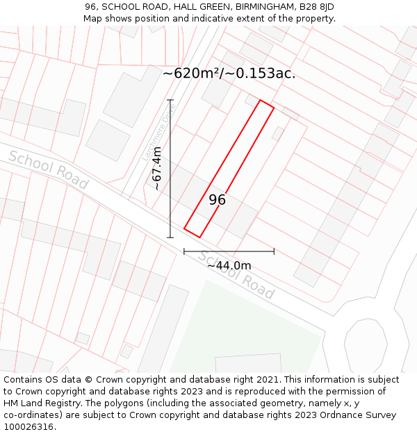 96, SCHOOL ROAD, HALL GREEN, BIRMINGHAM, B28 8JD: Plot and title map