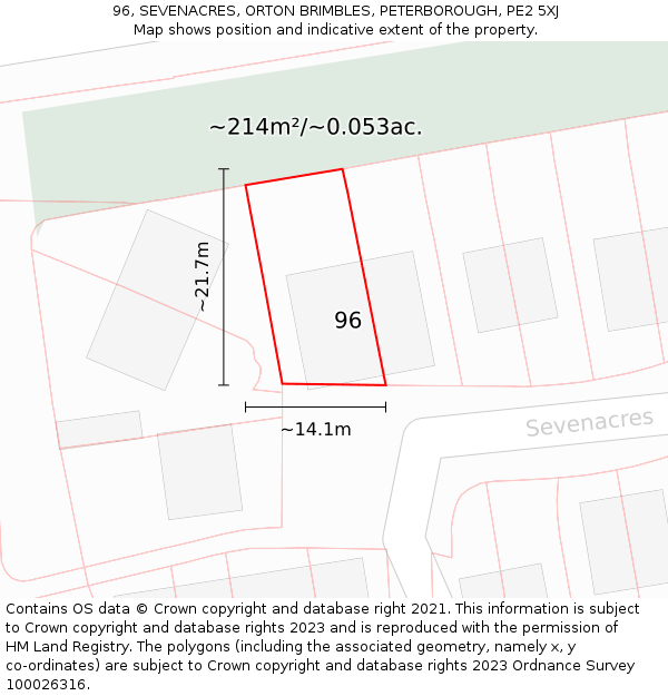 96, SEVENACRES, ORTON BRIMBLES, PETERBOROUGH, PE2 5XJ: Plot and title map