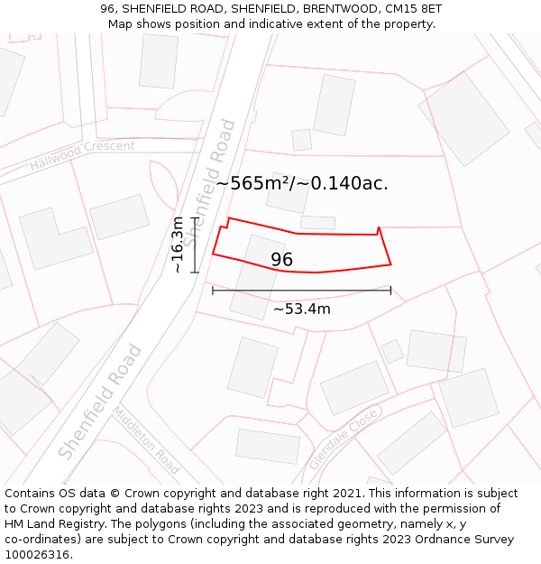 96, SHENFIELD ROAD, SHENFIELD, BRENTWOOD, CM15 8ET: Plot and title map
