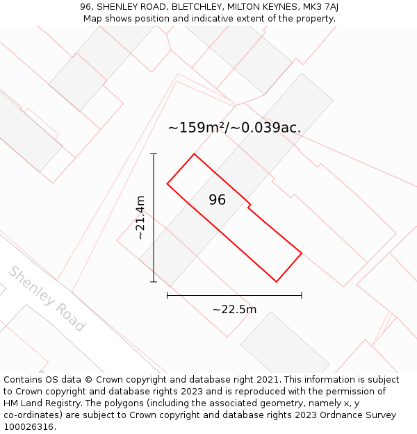 96, SHENLEY ROAD, BLETCHLEY, MILTON KEYNES, MK3 7AJ: Plot and title map