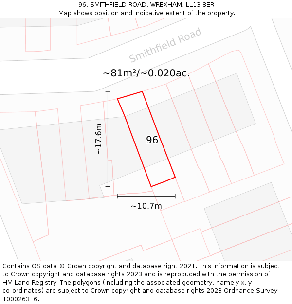 96, SMITHFIELD ROAD, WREXHAM, LL13 8ER: Plot and title map