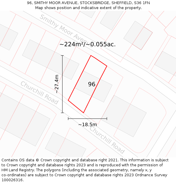 96, SMITHY MOOR AVENUE, STOCKSBRIDGE, SHEFFIELD, S36 1FN: Plot and title map