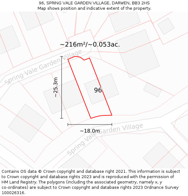 96, SPRING VALE GARDEN VILLAGE, DARWEN, BB3 2HS: Plot and title map