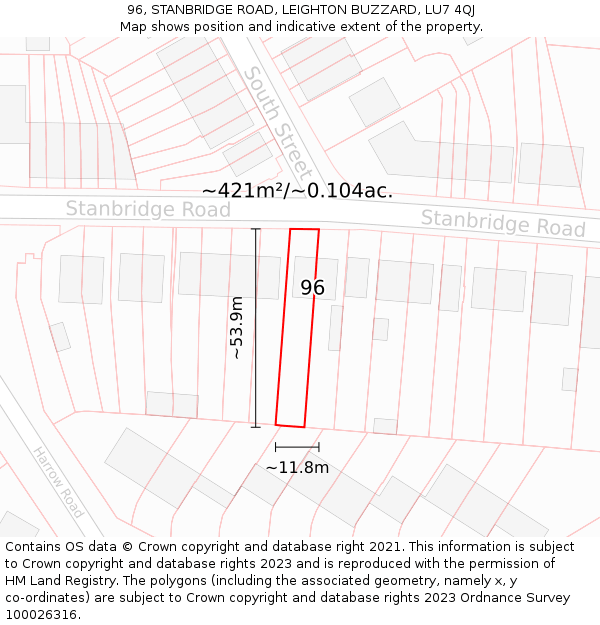 96, STANBRIDGE ROAD, LEIGHTON BUZZARD, LU7 4QJ: Plot and title map