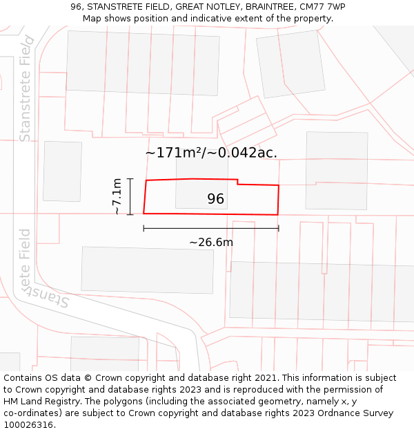 96, STANSTRETE FIELD, GREAT NOTLEY, BRAINTREE, CM77 7WP: Plot and title map