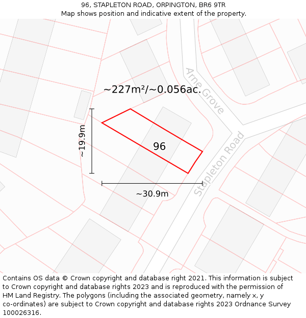 96, STAPLETON ROAD, ORPINGTON, BR6 9TR: Plot and title map