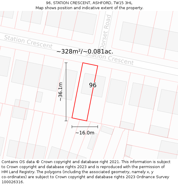 96, STATION CRESCENT, ASHFORD, TW15 3HL: Plot and title map