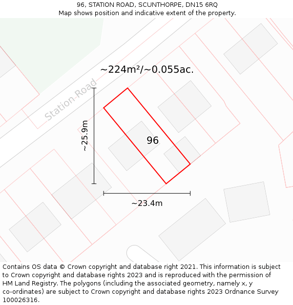 96, STATION ROAD, SCUNTHORPE, DN15 6RQ: Plot and title map