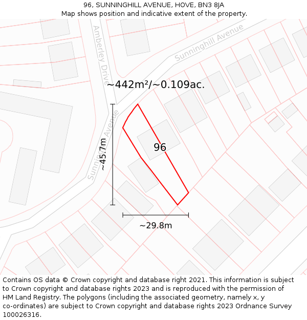 96, SUNNINGHILL AVENUE, HOVE, BN3 8JA: Plot and title map