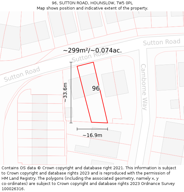 96, SUTTON ROAD, HOUNSLOW, TW5 0PL: Plot and title map