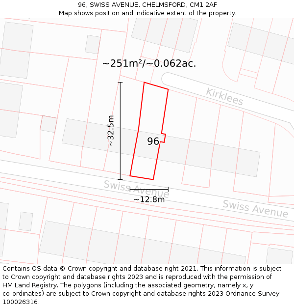 96, SWISS AVENUE, CHELMSFORD, CM1 2AF: Plot and title map