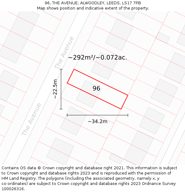 96, THE AVENUE, ALWOODLEY, LEEDS, LS17 7PB: Plot and title map