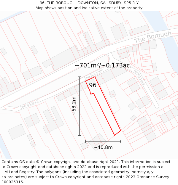 96, THE BOROUGH, DOWNTON, SALISBURY, SP5 3LY: Plot and title map