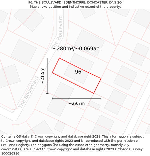 96, THE BOULEVARD, EDENTHORPE, DONCASTER, DN3 2QJ: Plot and title map