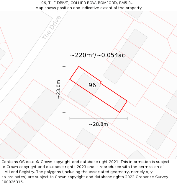 96, THE DRIVE, COLLIER ROW, ROMFORD, RM5 3UH: Plot and title map