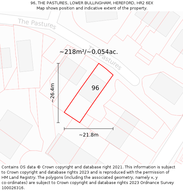96, THE PASTURES, LOWER BULLINGHAM, HEREFORD, HR2 6EX: Plot and title map