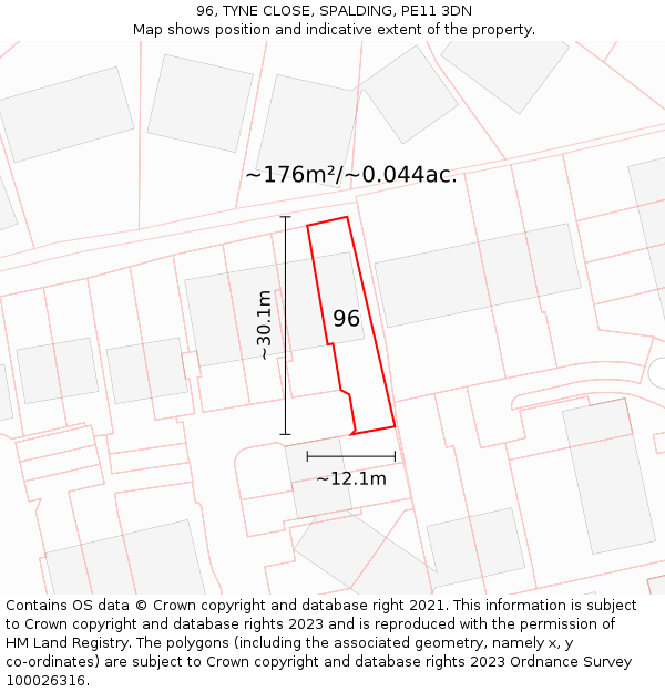 96, TYNE CLOSE, SPALDING, PE11 3DN: Plot and title map