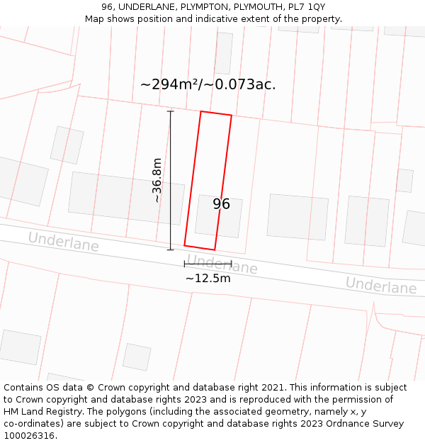 96, UNDERLANE, PLYMPTON, PLYMOUTH, PL7 1QY: Plot and title map