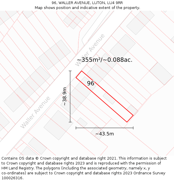 96, WALLER AVENUE, LUTON, LU4 9RR: Plot and title map