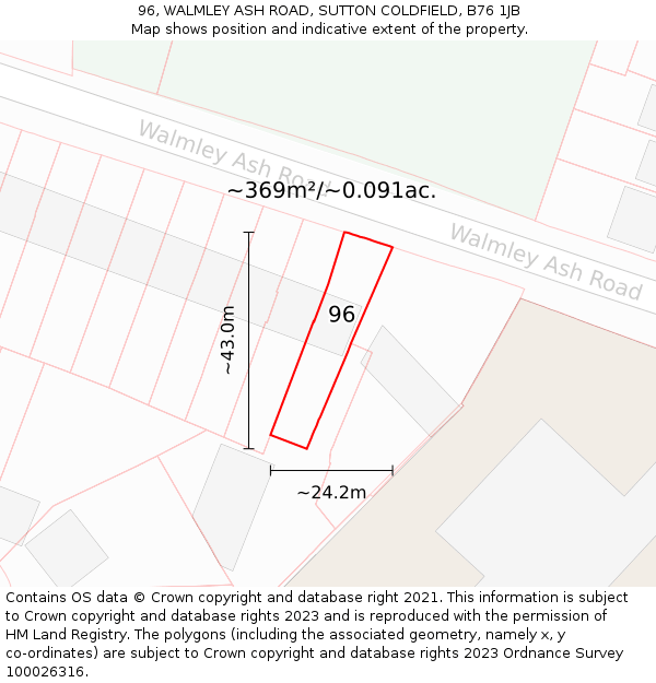 96, WALMLEY ASH ROAD, SUTTON COLDFIELD, B76 1JB: Plot and title map