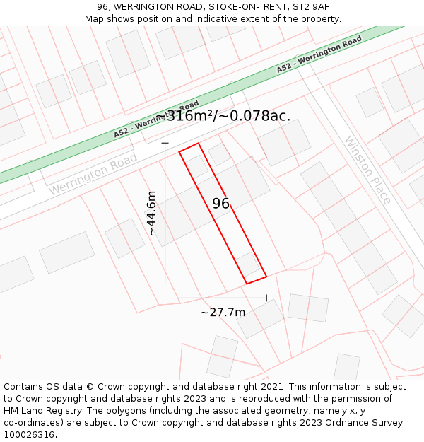 96, WERRINGTON ROAD, STOKE-ON-TRENT, ST2 9AF: Plot and title map